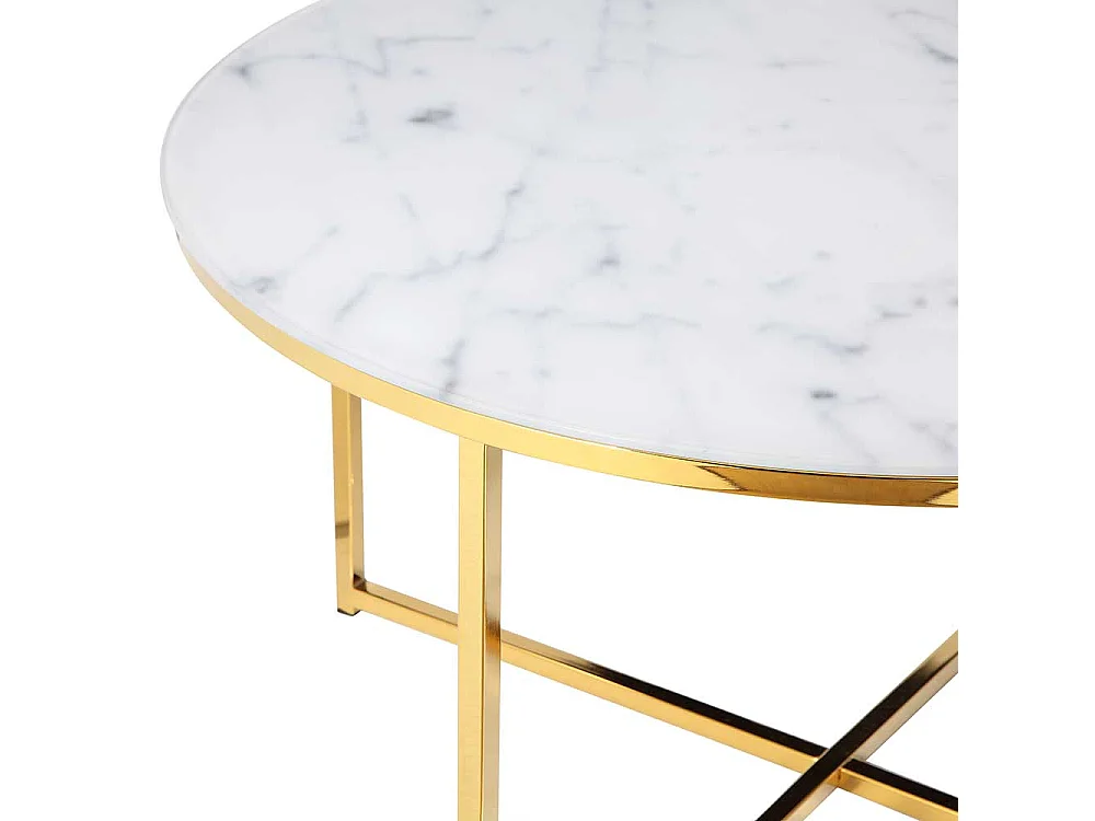 Runder Wohnzimmertisch mit Glasplatte Marmoroptik Weiß Hellgrau