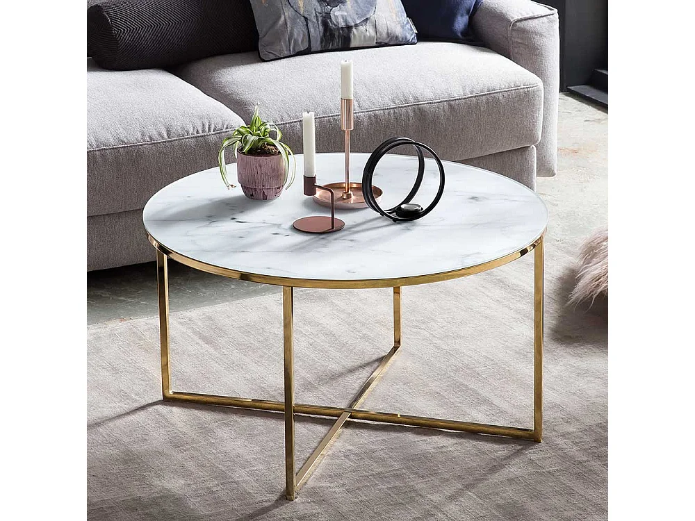 Runder Wohnzimmertisch mit Glasplatte Marmoroptik Weiß Hellgrau