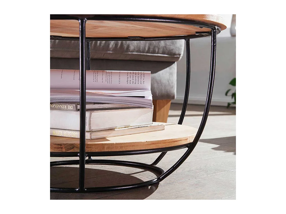 Wohnzimmertisch aus Akazie Massivholz und Edelstahl rund