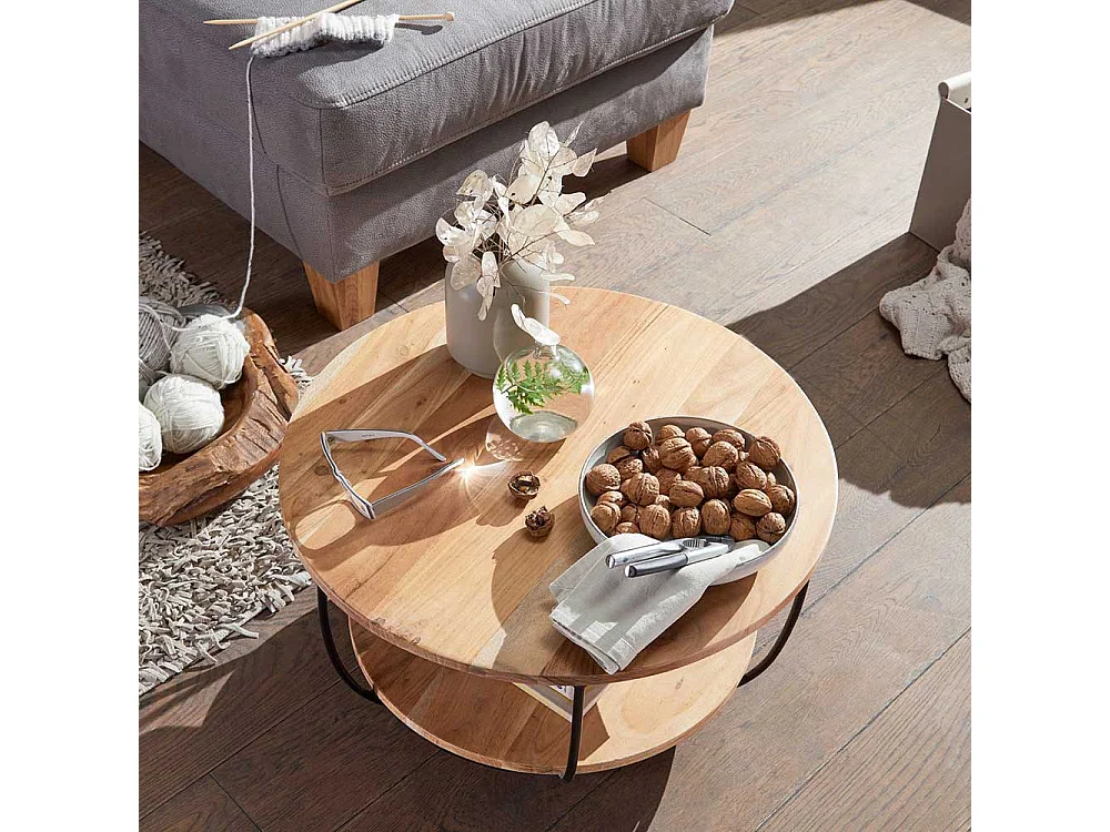 Wohnzimmertisch aus Akazie Massivholz und Edelstahl rund