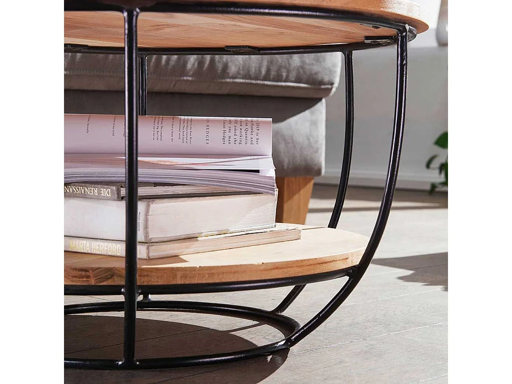 Wohnzimmertisch aus Akazie Massivholz und Edelstahl rund