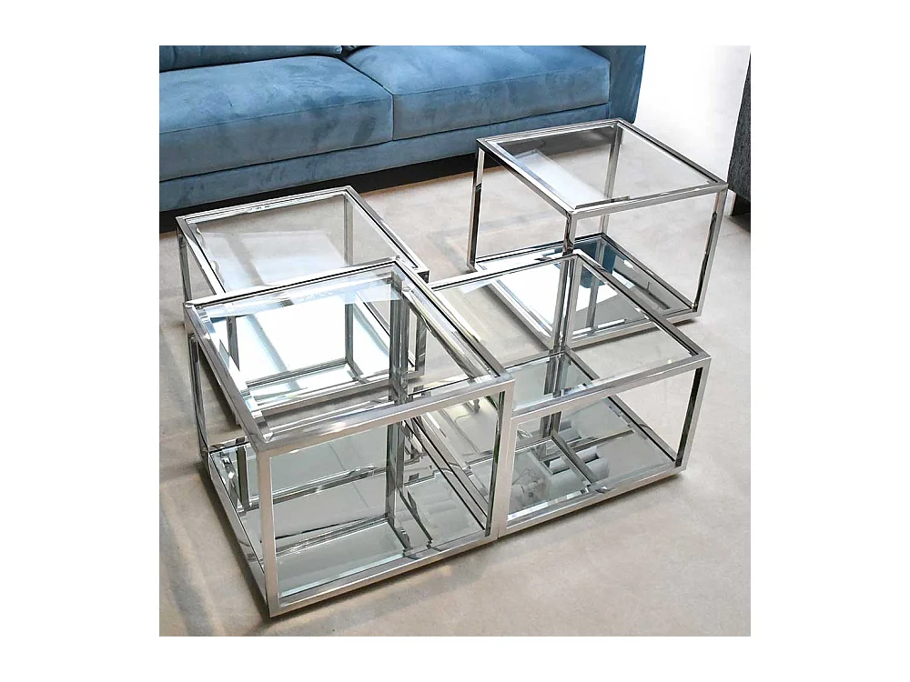 Moderne Couchtische aus Glas und Edelstahl Bügelgestell (vierteilig)