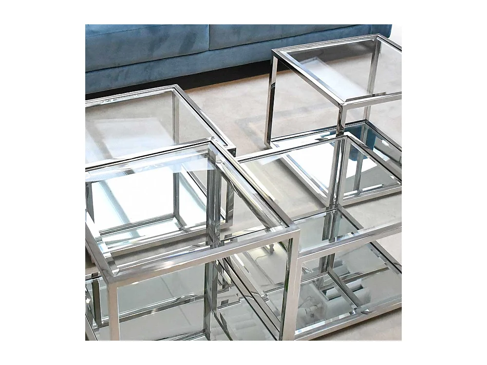 Moderne Couchtische aus Glas und Edelstahl Bügelgestell (vierteilig)