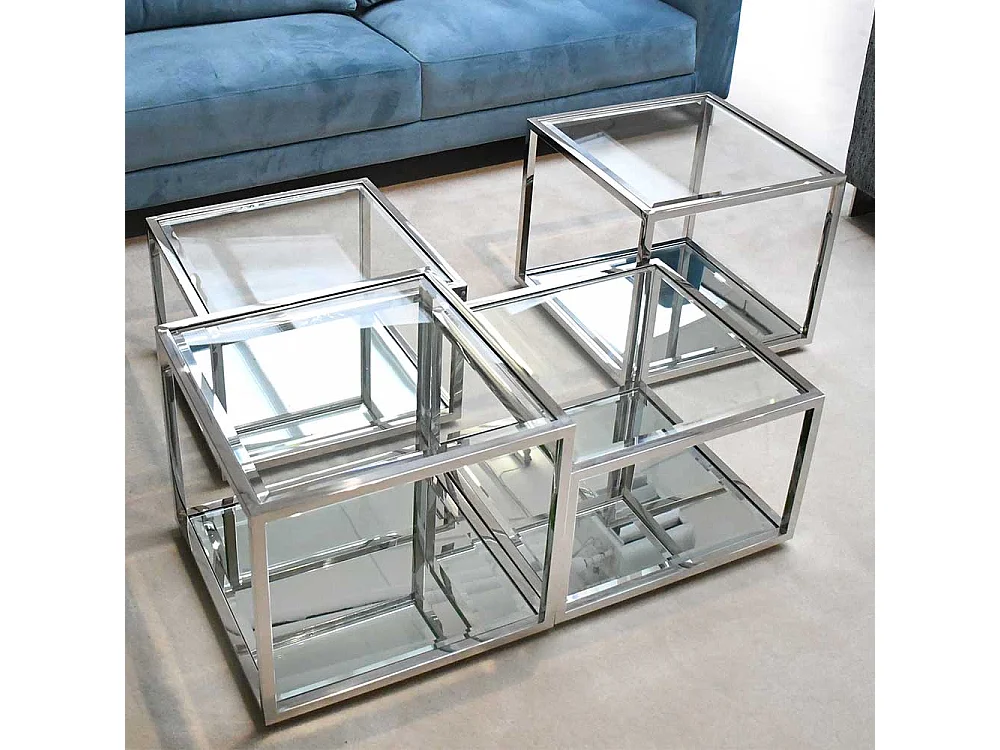 Moderne Couchtische aus Glas und Edelstahl Bügelgestell (vierteilig)