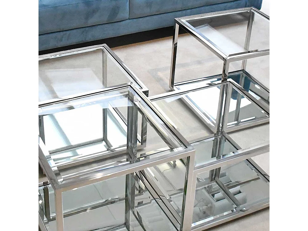 Moderne Couchtische aus Glas und Edelstahl Bügelgestell (vierteilig)