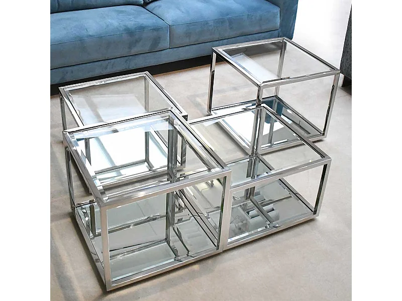 Moderne Couchtische aus Glas und Edelstahl Bügelgestell (vierteilig)