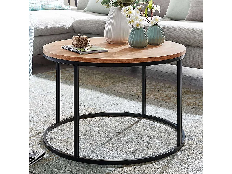 Runder Couchtisch in Eichefarben und Schwarz Ringgestell