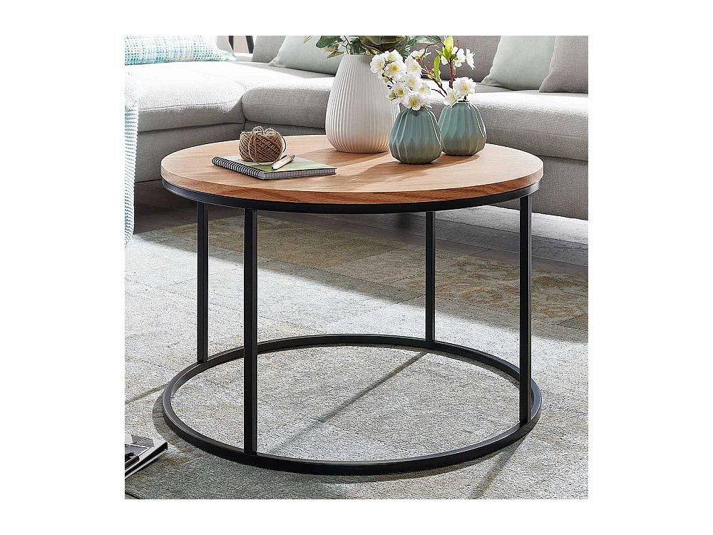 Runder Couchtisch in Eichefarben und Schwarz Ringgestell