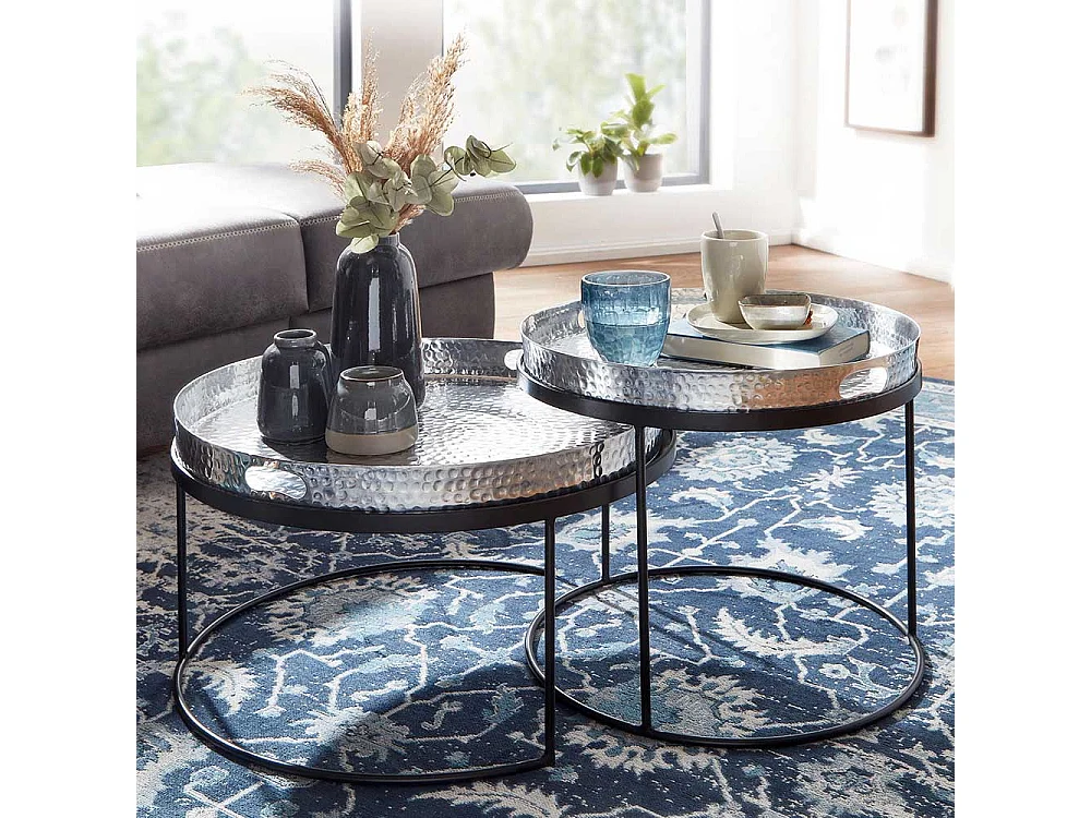 Couchtisch 2er Set in Silberfarben und Schwarz orientalischen Stil (zweiteilig)