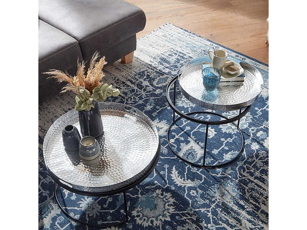 Couchtisch 2er Set in Silberfarben und Schwarz orientalischen Stil (zweiteilig)