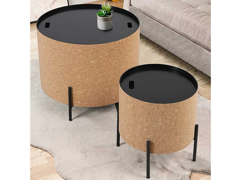 Couchtisch Set mit Kork Tischplatten abnehmbar 63 cm breit (zweiteilig)