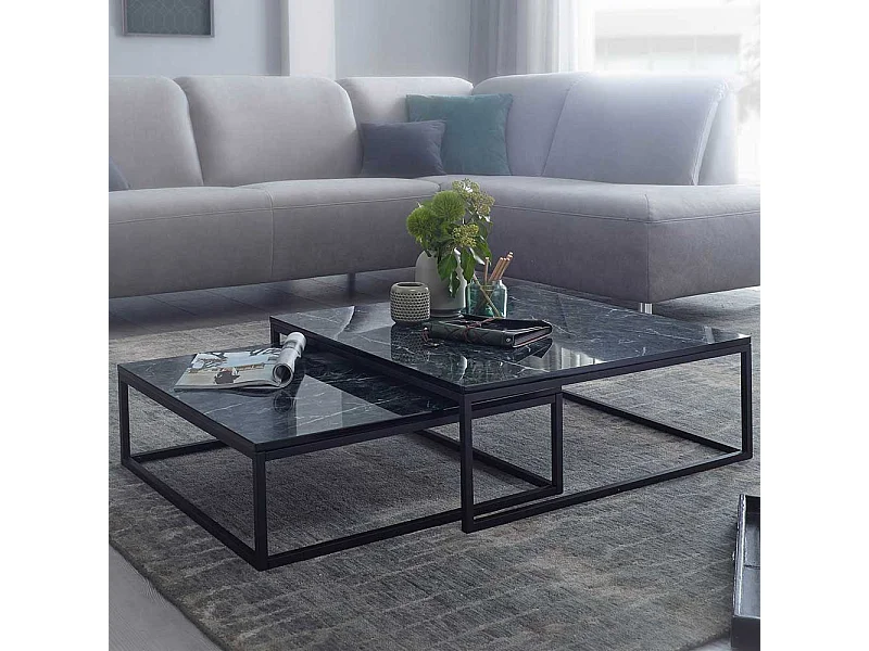 Quadratische Couchtische in Schwarz Marmor Optik Bügelgestell (zweiteilig)