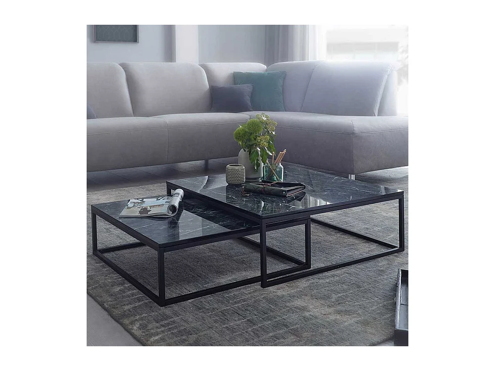 Quadratische Couchtische in Schwarz Marmor Optik Bügelgestell (zweiteilig)