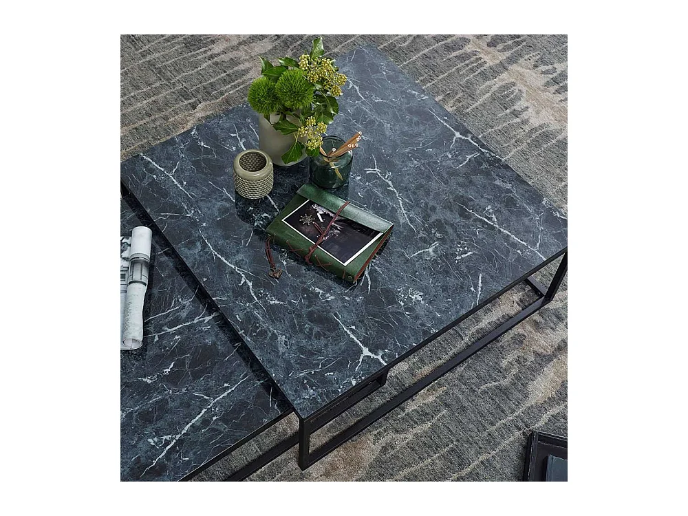 Quadratische Couchtische in Schwarz Marmor Optik Bügelgestell (zweiteilig)