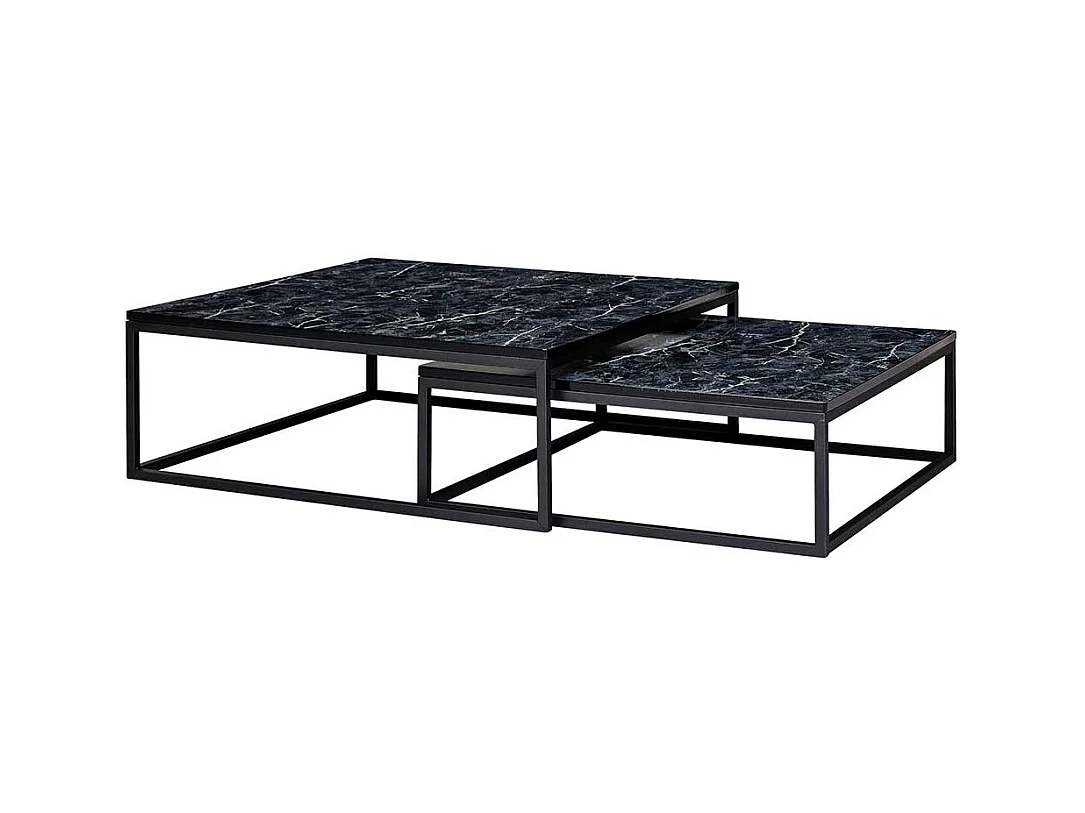 Quadratische Couchtische in Schwarz Marmor Optik Bügelgestell (zweiteilig)