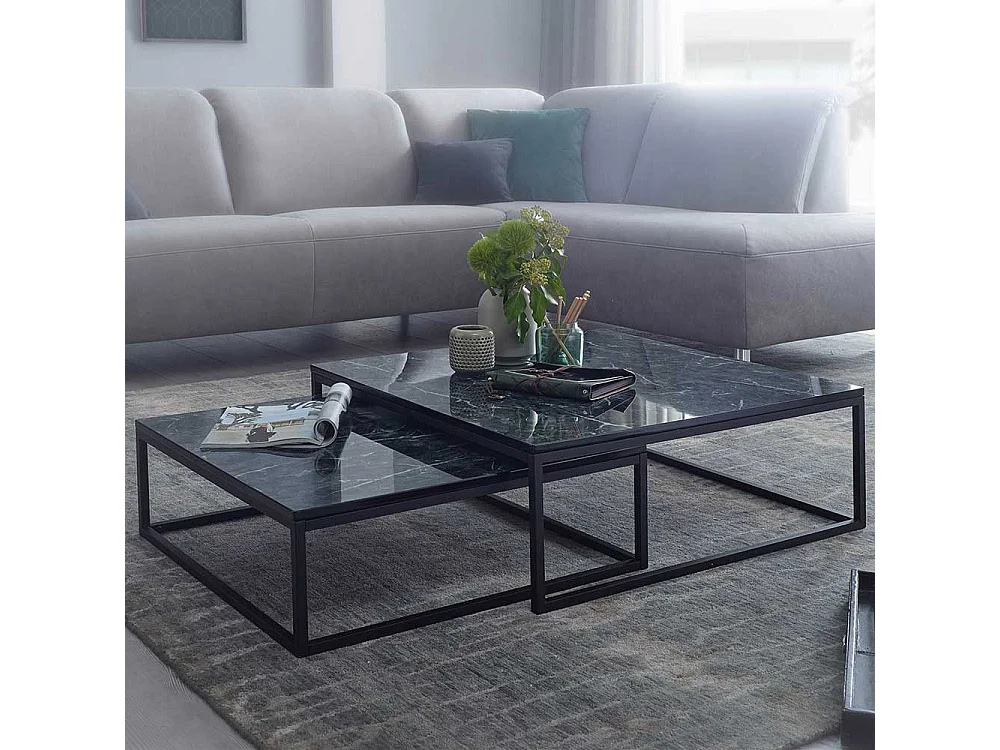 Quadratische Couchtische in Schwarz Marmor Optik Bügelgestell (zweiteilig)