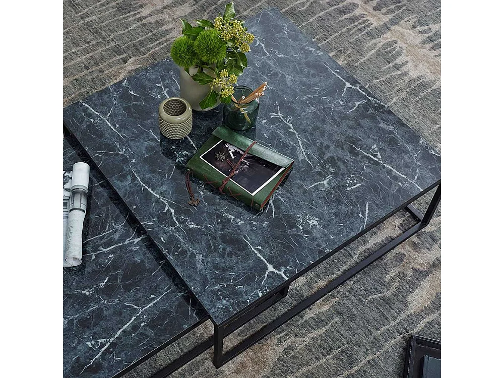 Quadratische Couchtische in Schwarz Marmor Optik Bügelgestell (zweiteilig)