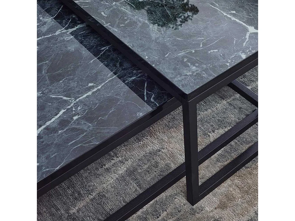 Quadratische Couchtische in Schwarz Marmor Optik Bügelgestell (zweiteilig)