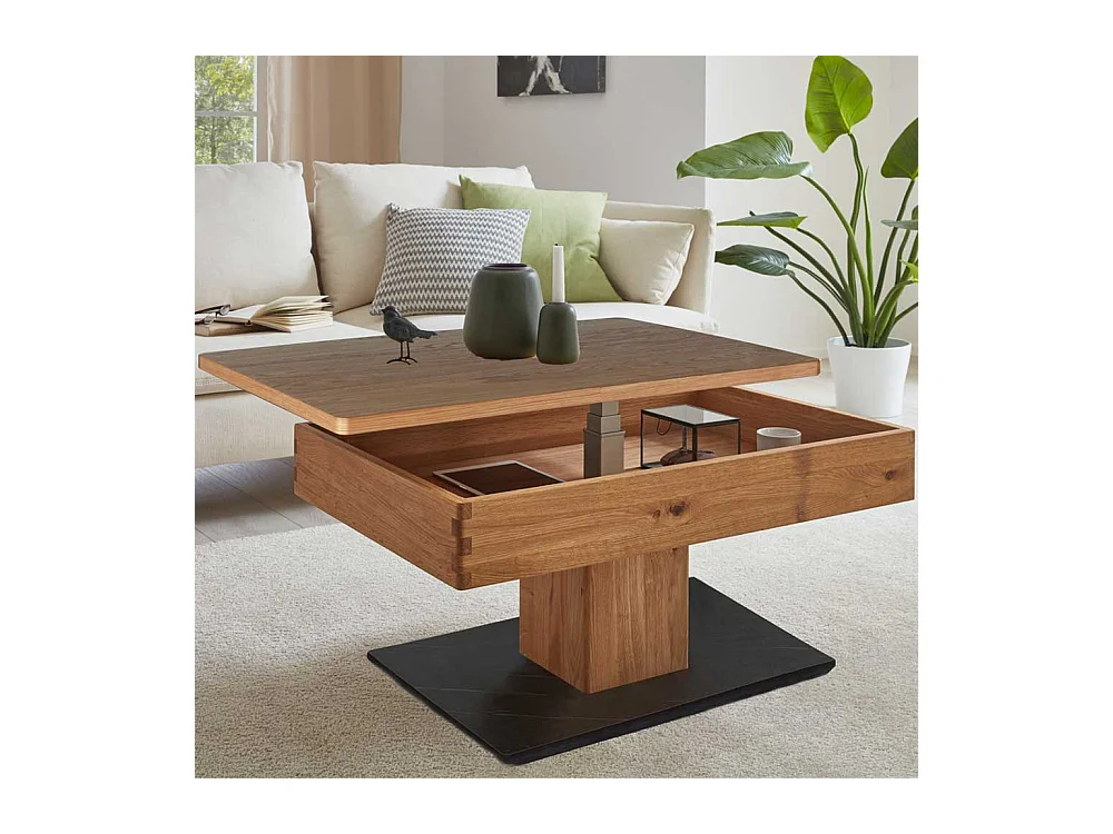 Design Couchtisch aus Wildeiche Massivholz Staufach unter der Platte