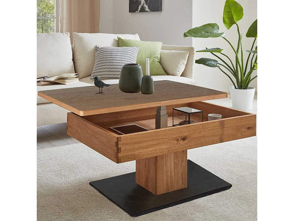 Design Couchtisch aus Wildeiche Massivholz Staufach unter der Platte