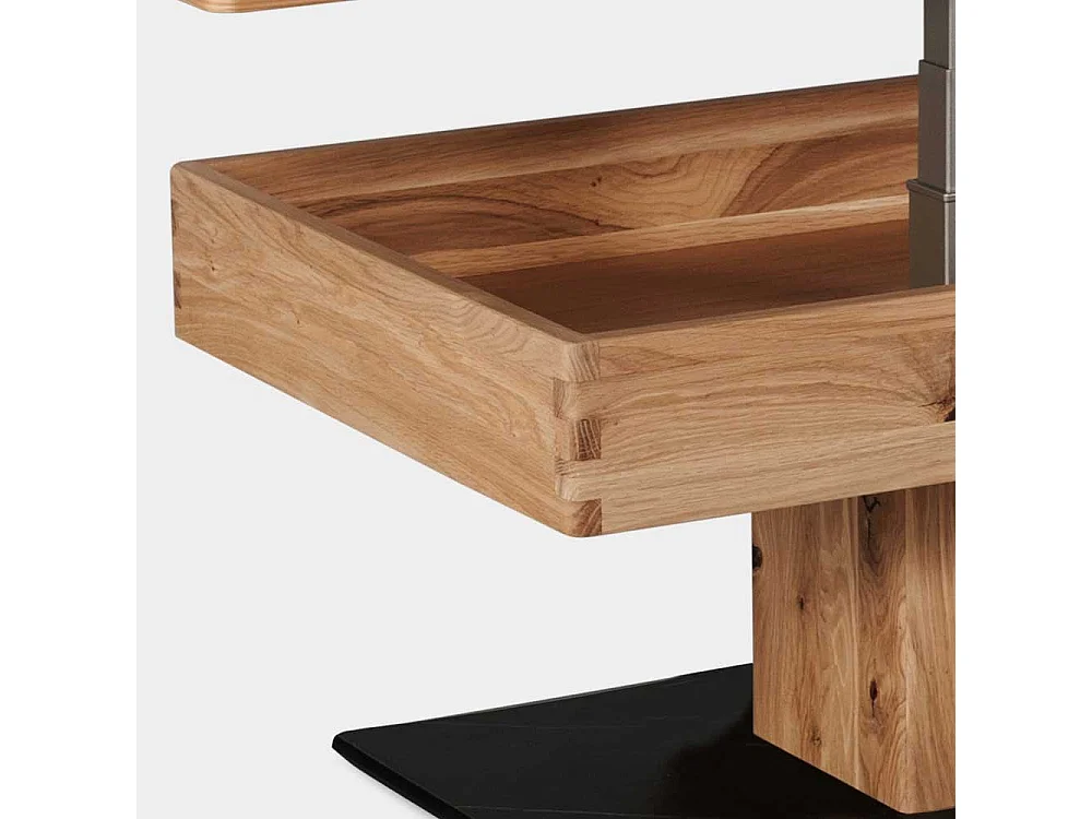 Design Couchtisch aus Wildeiche Massivholz Staufach unter der Platte