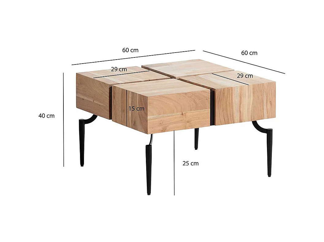 Massivholztisch Couchtisch in Akaziefarben und Schwarz