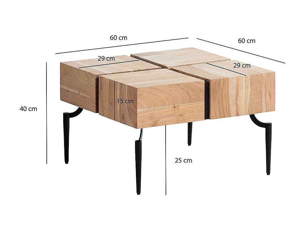 Massivholztisch Couchtisch in Akaziefarben und Schwarz