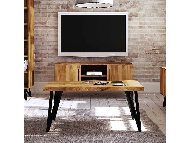 Couchtisch aus Wildeiche Massivholz und Stahl Loft Design