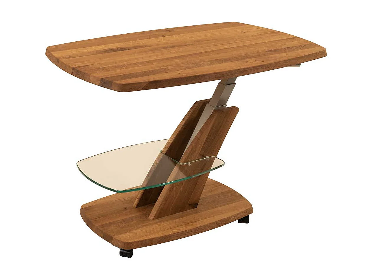 Couchtisch aus Wildeiche Massivholz auf Rollen höhenverstellbar