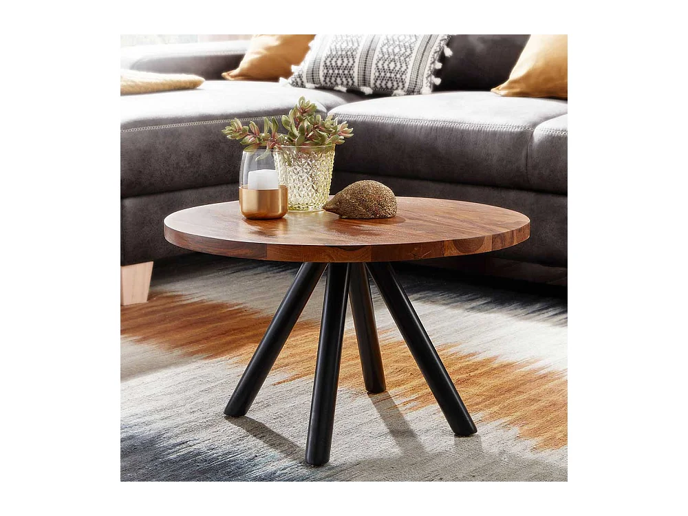 Runder Couchtisch aus Sheesham Massivholz und Stahl Industry und Loft Stil