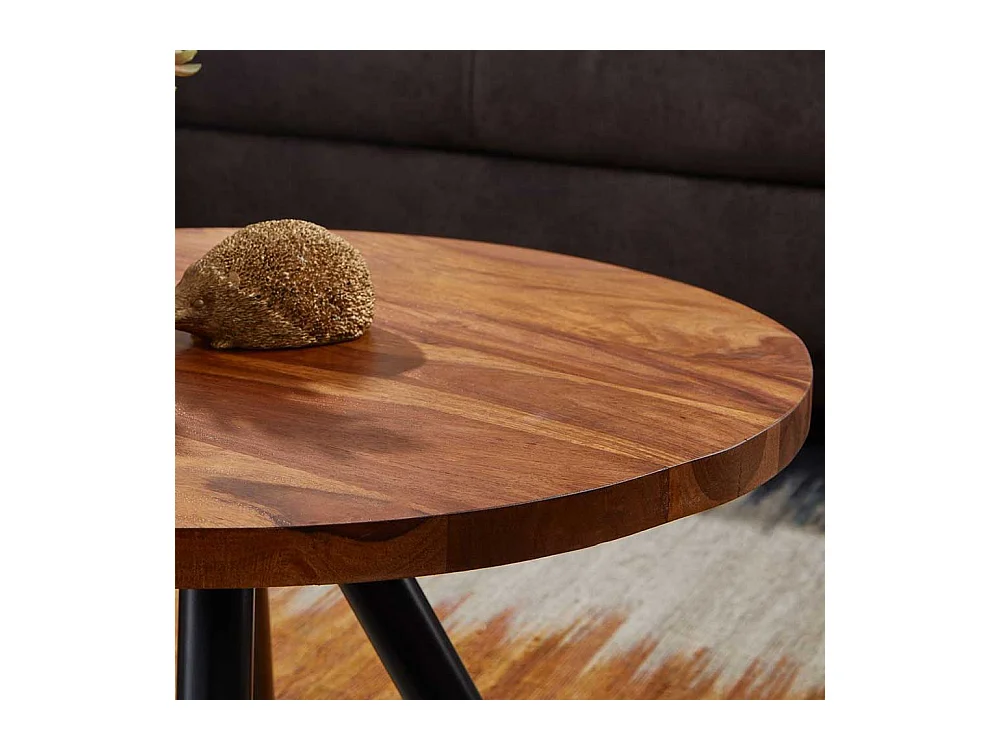 Runder Couchtisch aus Sheesham Massivholz und Stahl Industry und Loft Stil