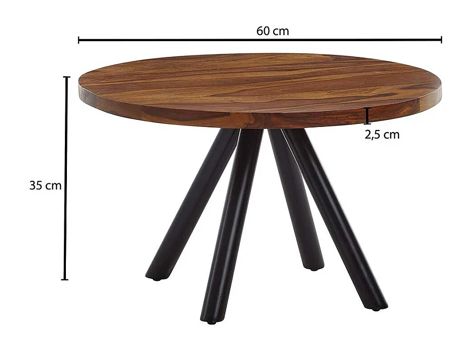 Runder Couchtisch aus Sheesham Massivholz und Stahl Industry und Loft Stil