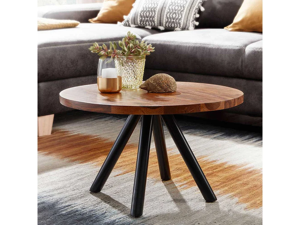 Runder Couchtisch aus Sheesham Massivholz und Stahl Industry und Loft Stil