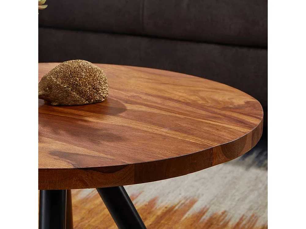 Runder Couchtisch aus Sheesham Massivholz und Stahl Industry und Loft Stil