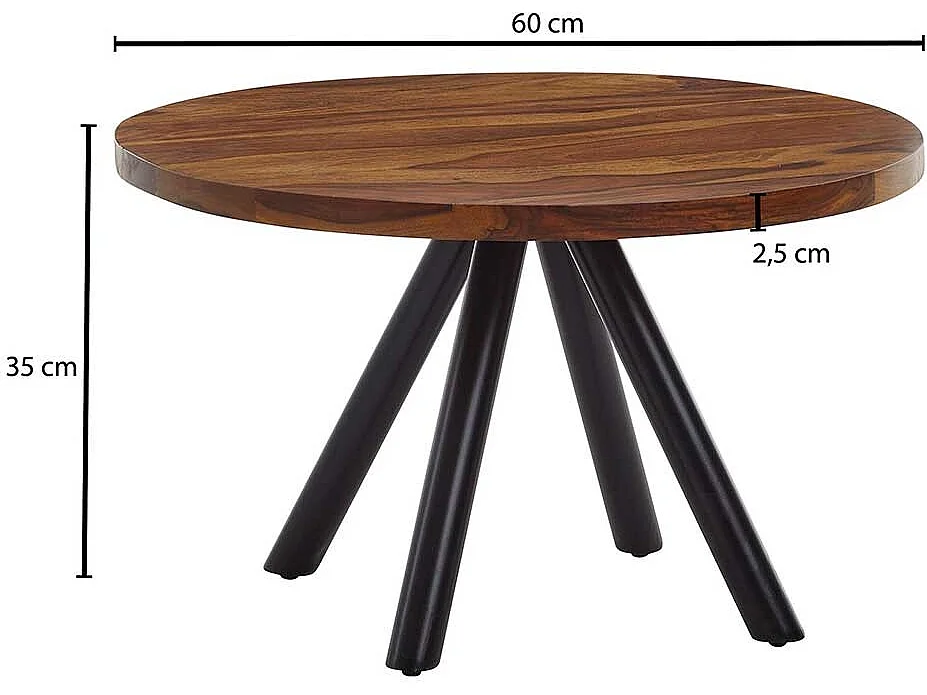 Runder Couchtisch aus Sheesham Massivholz und Stahl Industry und Loft Stil