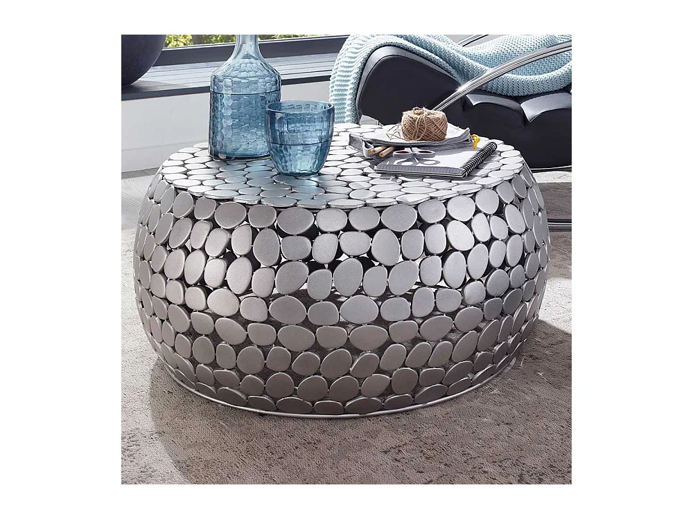 Aluminium Couchtisch in Silberfarben runder Tischplatte
