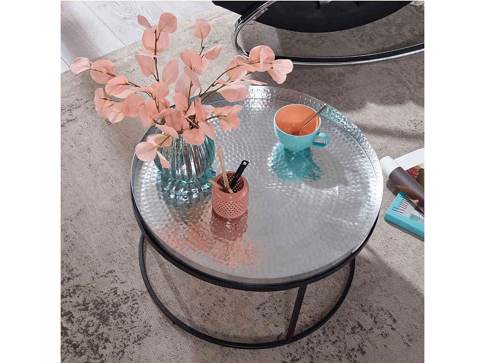 Tablett Couchtisch aus Eisen und Aluminium Silberfarben und Schwarz