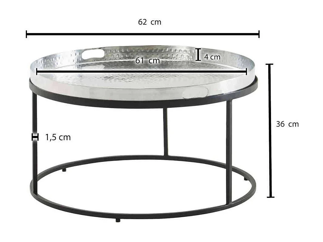 Tablett Couchtisch aus Eisen und Aluminium Silberfarben und Schwarz