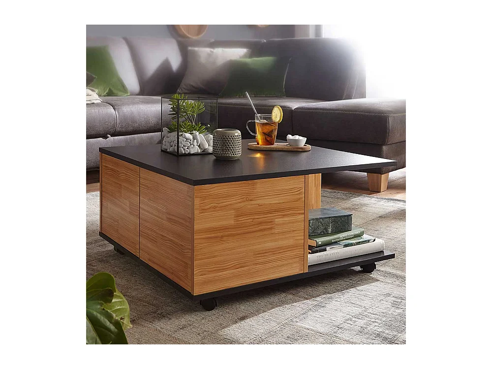 Rollbarer Wohnzimmer Tisch in Anthrazit und Eiche Optik 70 cm breit
