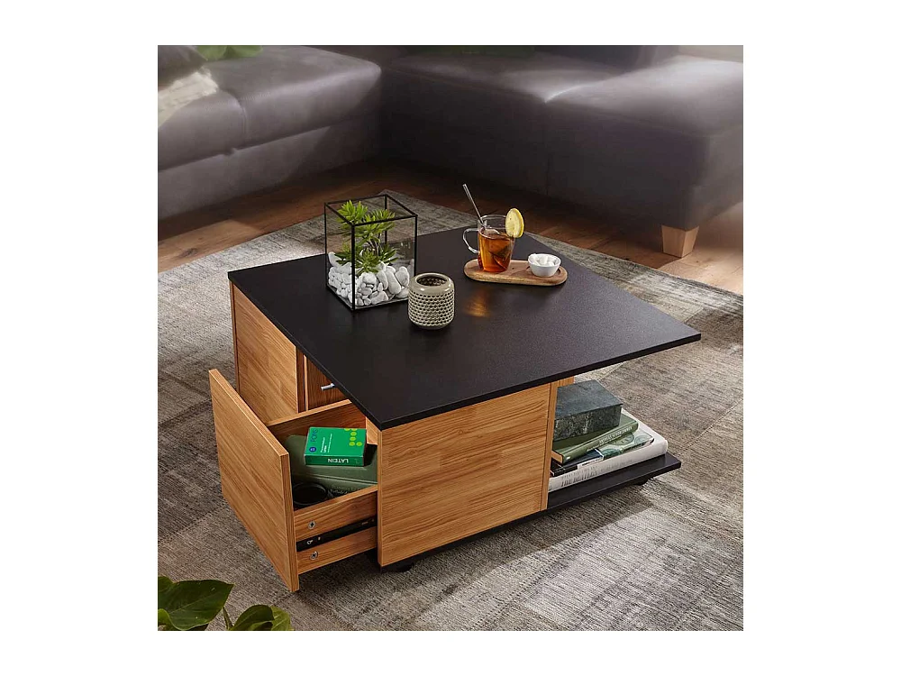 Rollbarer Wohnzimmer Tisch in Anthrazit und Eiche Optik 70 cm breit