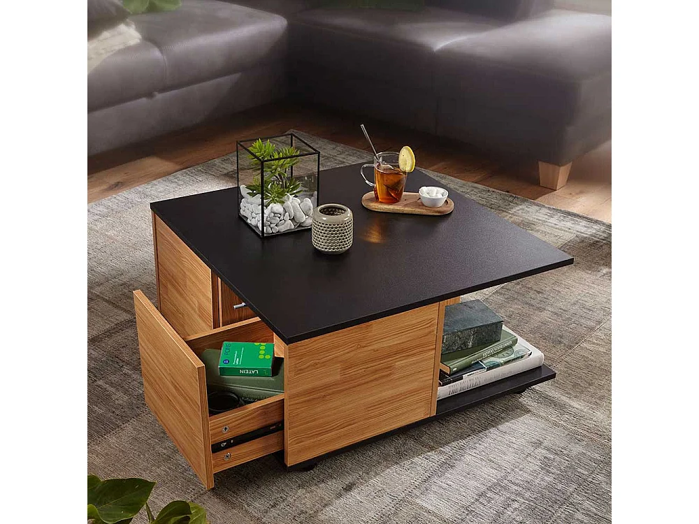 Rollbarer Wohnzimmer Tisch in Anthrazit und Eiche Optik 70 cm breit