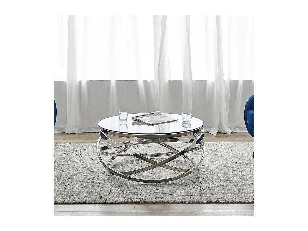 Designcouchtisch silbern aus Sicherheitsglas Metall Ringgestell