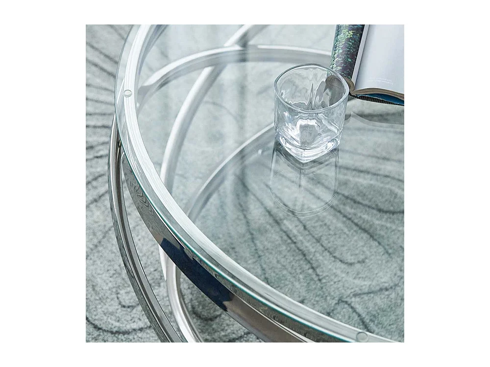 Designcouchtisch silbern aus Sicherheitsglas Metall Ringgestell