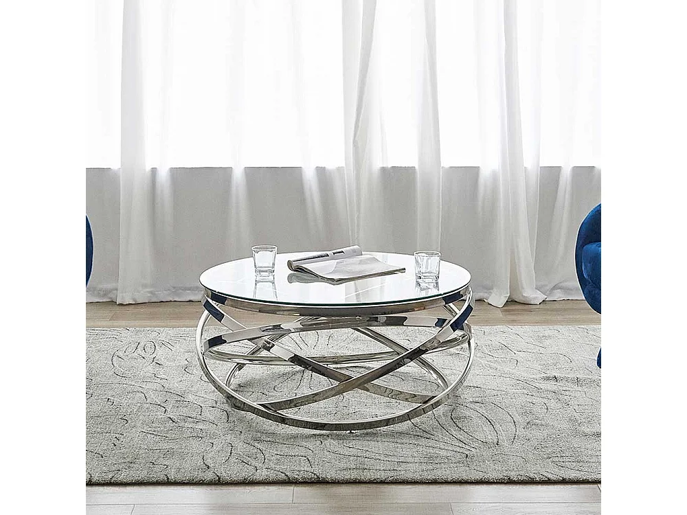 Designcouchtisch silbern aus Sicherheitsglas Metall Ringgestell