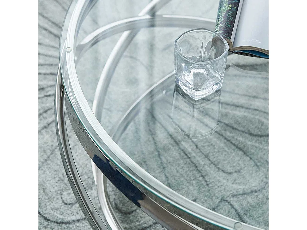 Designcouchtisch silbern aus Sicherheitsglas Metall Ringgestell