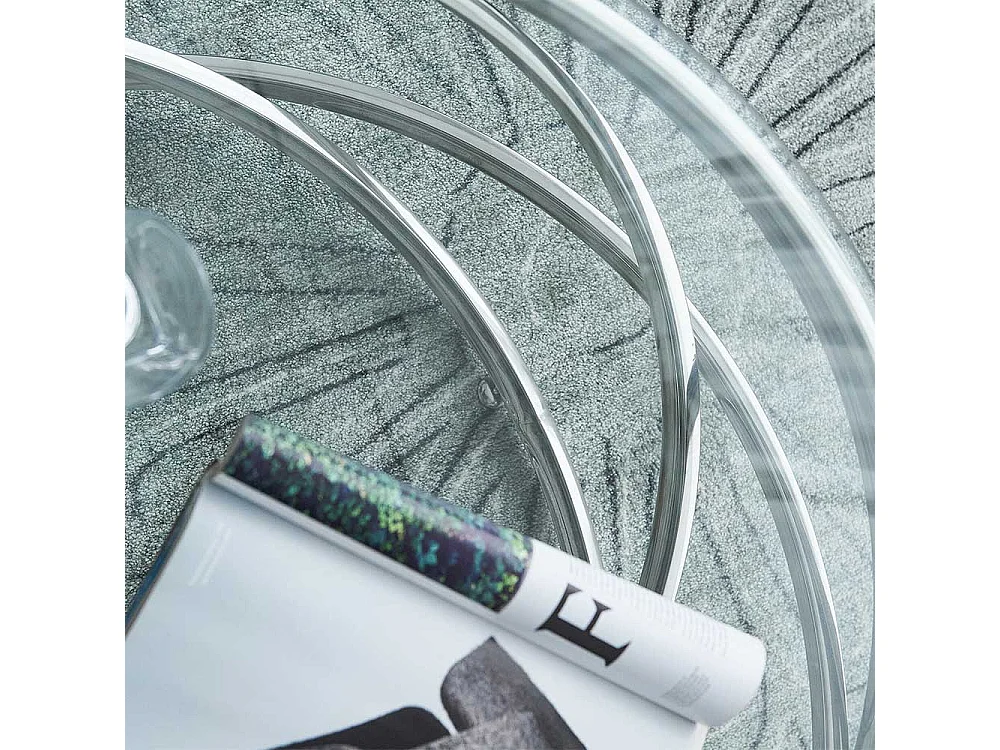 Designcouchtisch silbern aus Sicherheitsglas Metall Ringgestell