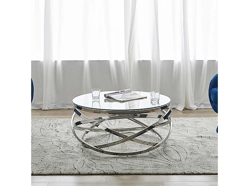 Designcouchtisch silbern aus Sicherheitsglas Metall Ringgestell