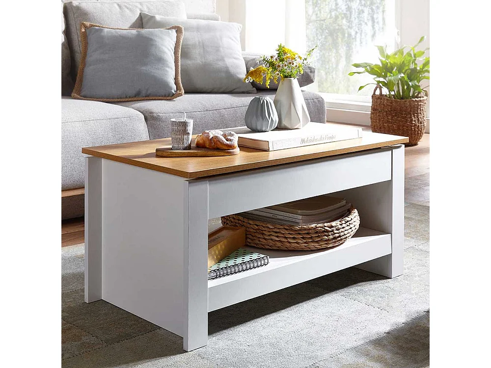 Wohnzimmer Tisch Landhaus mit Staufach Weiß und Eichefarben