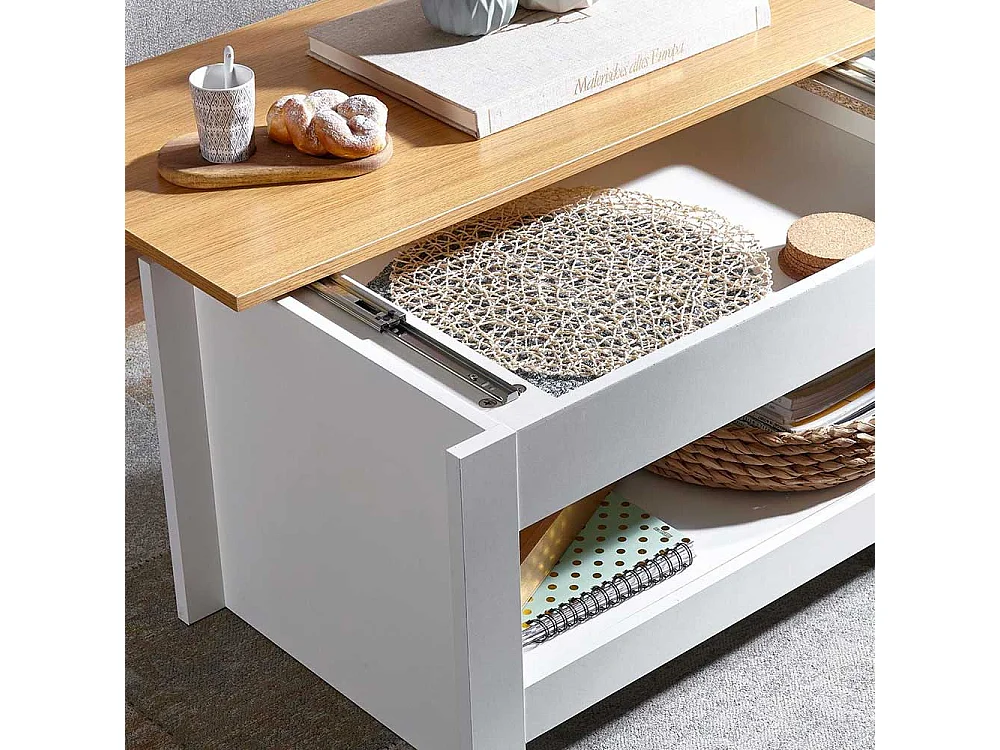 Wohnzimmer Tisch Landhaus mit Staufach Weiß und Eichefarben