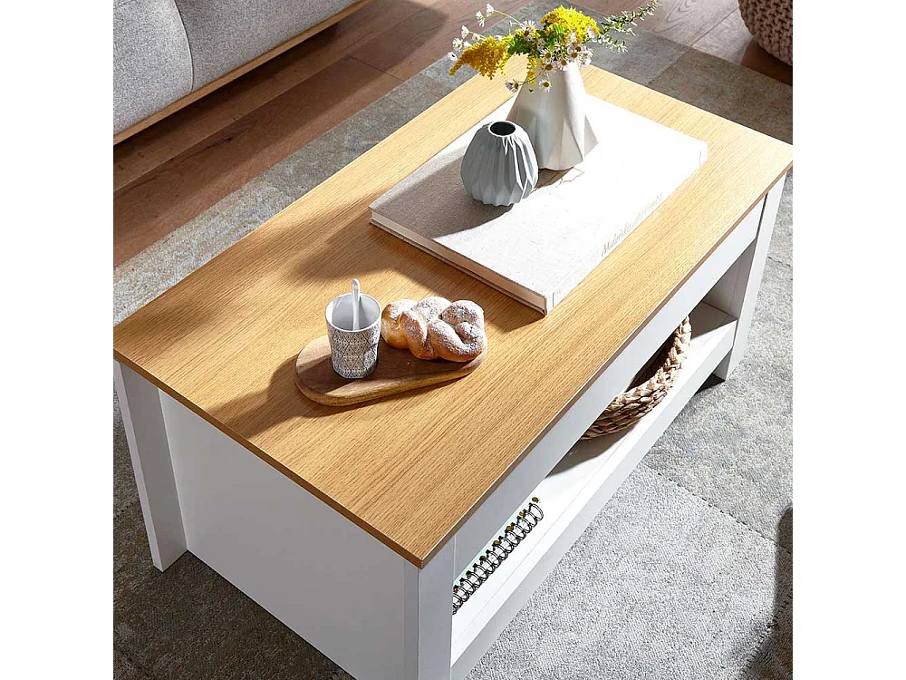 Wohnzimmer Tisch Landhaus mit Staufach Weiß und Eichefarben